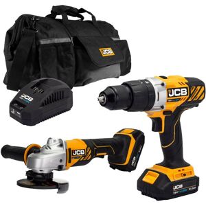 JCB TOOLS JCB 18V Combi Drill Angle Grinder Kit 2x 2.0ah Lithium-Ion Batteries and charger in 20" kit bag JCB TOOLS JCB 18V Combi Drill Angle Grinder Kit 2x 2.0ah Lithium-Ion Batteries and charger in 20" kit bag
