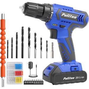 PULITUO 20V Electric Power Drill with Battery and Charger, 30N.m Torque, 21+1 Speeds, 59-pcs Drill Driver Bits Kit and Screws Set (Blue) PULITUO 20V Electric Power Drill with Battery and Charger, 30N.m Torque, 21+1 Speeds, 59-pcs Drill Driver Bits Kit and Screws Set (Blue)