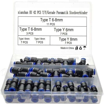 TORMATOR 42 PCS Pneumatic Fitting T/Y/I Straight Type Quick Connect Compressed Air Fitting 6mm/8mm Compressor Fitting, with Box. TORMATOR 42 PCS Pneumatic Fitting T/Y/I Straight Type Quick Connect Compressed Air Fitting 6mm/8mm Compressor Fitting, with Box.