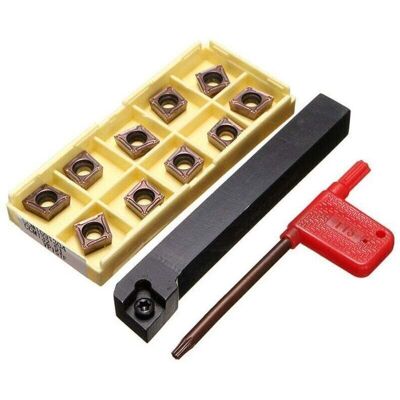 Accessory for metal lathe, 12x100mm turning tool holder with 10 CCMT09T304-PM carbide inserts and a bar, Accessory for metal lathe, 12x100mm turning tool holder with 10 CCMT09T304-PM carbide inserts and a bar,