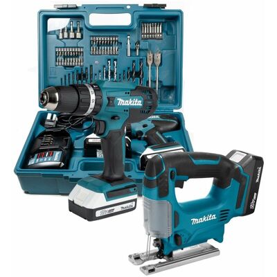 18v Cordless Combi Hammer Drill Driver & Jigsaw Twin Pack + 74 piece Set - Makita 18v Cordless Combi Hammer Drill Driver & Jigsaw Twin Pack + 74 piece Set - Makita