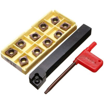 SNQ Metal lathe accessories, 12 x 100 mm turning tool holder with 10 CCMT09T304-PM carbide inserts and a bar SNQ Metal lathe accessories, 12 x 100 mm turning tool holder with 10 CCMT09T304-PM carbide inserts and a bar