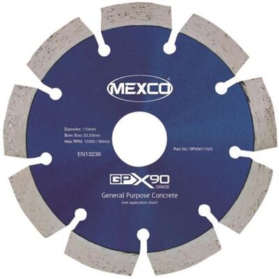 MEXCO GPX9011522 GPX90 Concrete Diamond Blade 115 x 22mm MEXGPX90115 MEXCO GPX9011522 GPX90 Concrete Diamond Blade 115 x 22mm MEXGPX90115