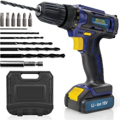 Cordless Drill Driver 18V Li Ion Electric Screwdriver Case and 13pc Drill Bit Set Battery and Charger - Skotek Cordless Drill Driver 18V Li Ion Electric Screwdriver Case and 13pc Drill Bit Set Battery and Charger - Skotek
