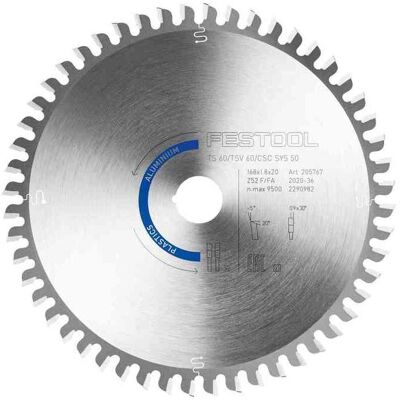 205767 Saw Blade Aluminium/Plastics hw 168 x 1.8 x 20 f/fa 52 for TS60 k, tsv 60 k, csc-sys 50 - Festool 205767 Saw Blade Aluminium/Plastics hw 168 x 1.8 x 20 f/fa 52 for TS60 k, tsv 60 k, csc-sys 50 - Festool
