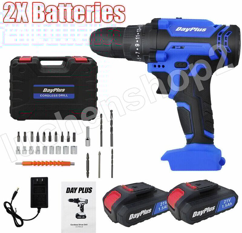 Dayplus - 21-Volt drill 2 Speed Electric Cordless Drill/Driver Screwdriver Bits Set + 2X 500mAh Li-ion Batteries