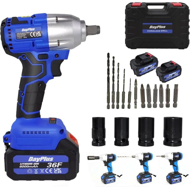 Briefness - 21V Brushless Cordless Impact Wrench Gun Driver Nut Tool Drill Set, 2pcs Li-Ion Batteries 6000Amh 420N.m, Dual Speed, Fast Charger & 4