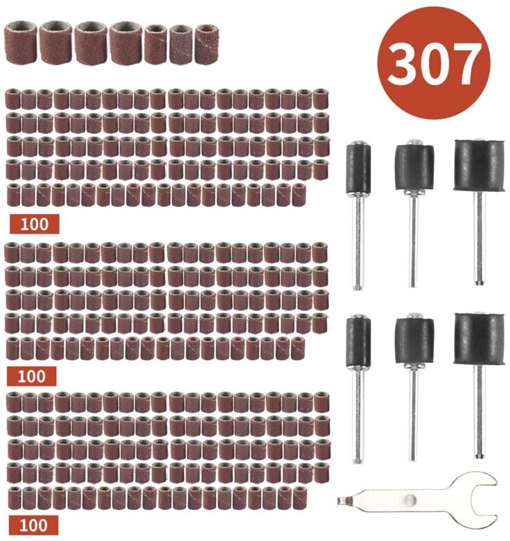 TLILY 307 Pieces Drum Sander Set Sanding Kit 300 Band Sleeves (80 /120 /240 ) + 6 Mandrels for Rotary Tool (2.35Mm/3.17Mm)+ 1 Combination Wrench