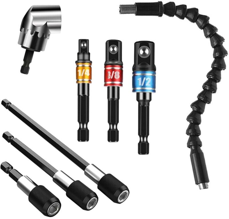 MINKUROW 8-piece drill extension set, 1 flexible extension screwdriver and flexible 105° screwdriver, 3 rotating bit holders, 3 angle socket adapters 1/4