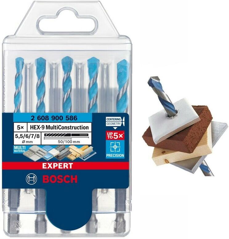 Bosch EXPERT 5 Piece HEX-9 Multi Construction Drill Bit Set - Masonry Tile Wood