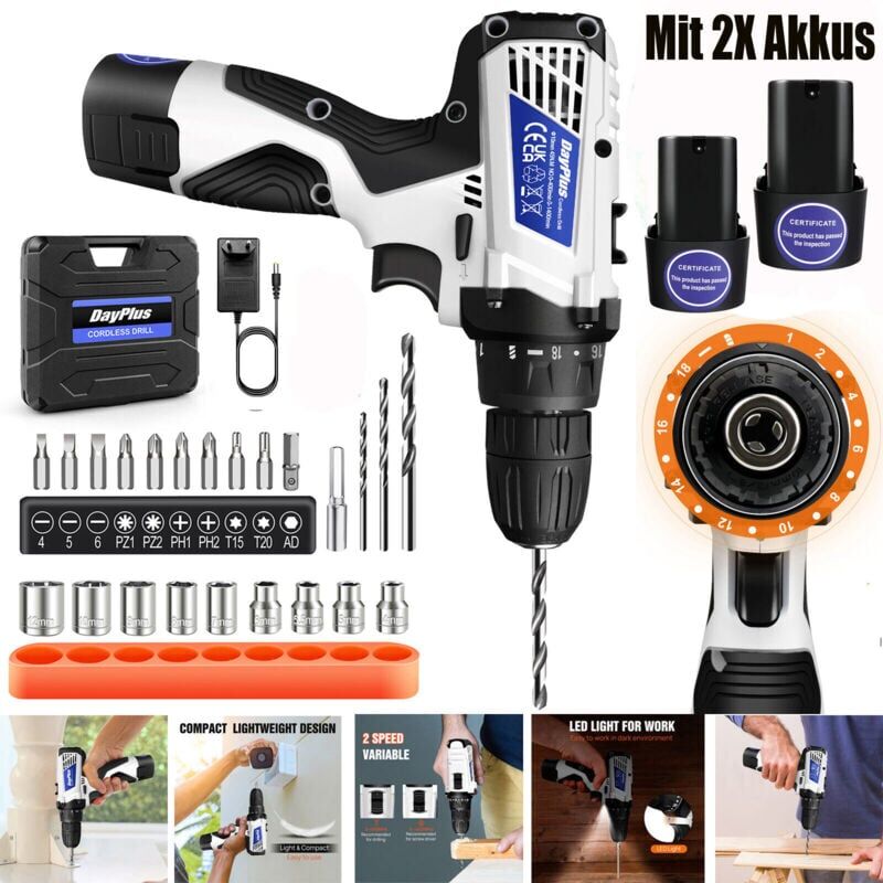 Dayplus - Cordless Electric Screwdriver Drill Driver Bits Set 2x Rechargeable Battery Tools