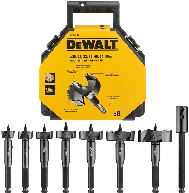 Dewalt - DT4593 8 Piece Self Feed Forstner Wood Auger Drill Bit Set 25mm - 65mm