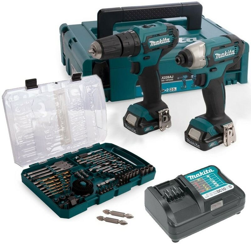 CLX228AJ 12v Cordless Combi Hammer Drill & Impact Driver + 75 Accessories - Makita