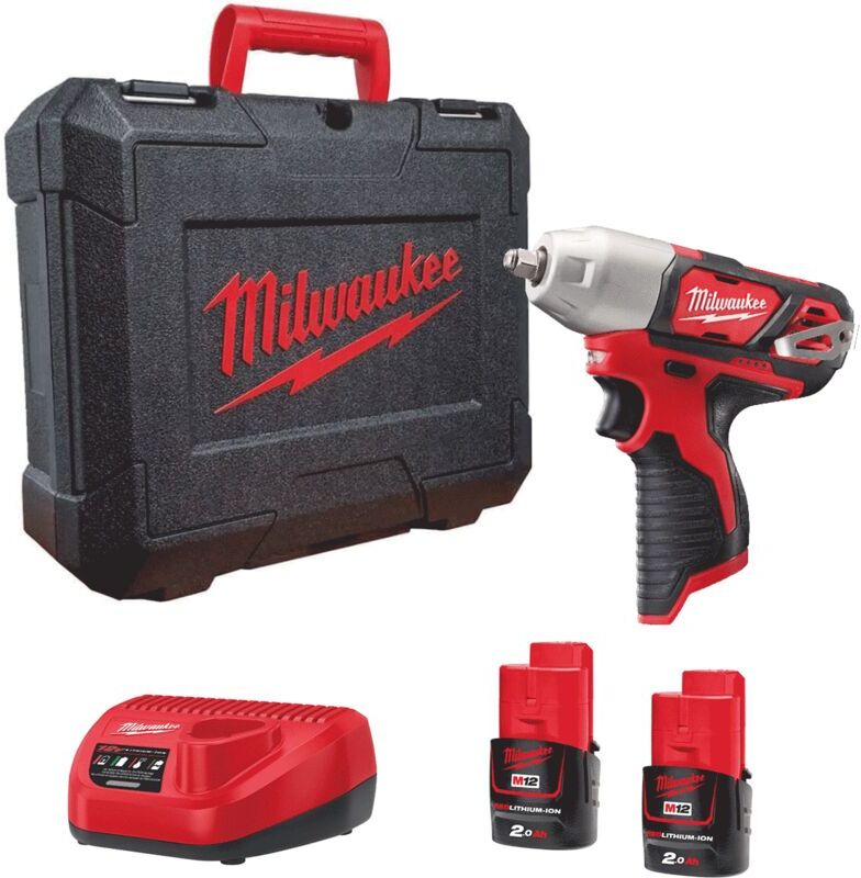 Milwaukee M12BIW38-202C 12v Sub Compact 3/8" Impact Wrench Kit 4933443899 - 2 x M12B2 Batteries, C12C Charger & Kitbox