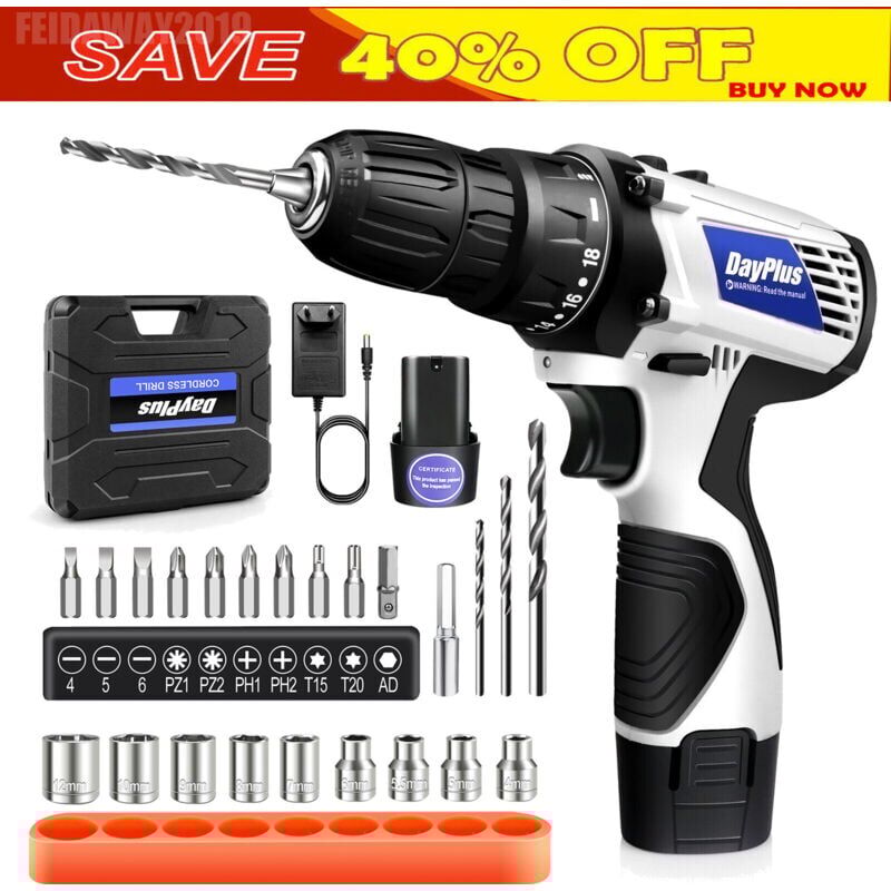 Briefness - Portable Cordless Drill Driver 16.8V Mini Drill and Screwdriver with Li-Ion Battery, Torque 45Nm, 2 Speed, led Work Light, Carry Case