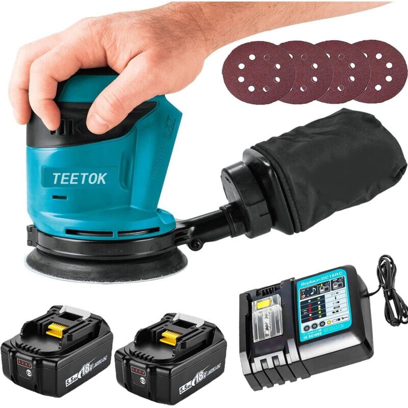 TEETOK Random Orbital Sander,18v LXT Lithium Cordless Orbital Sander Polisher Ø 125mm with 4PCS Sandpaper + 2x5.5Ah Batteries + DC18RC Charger, Compatible