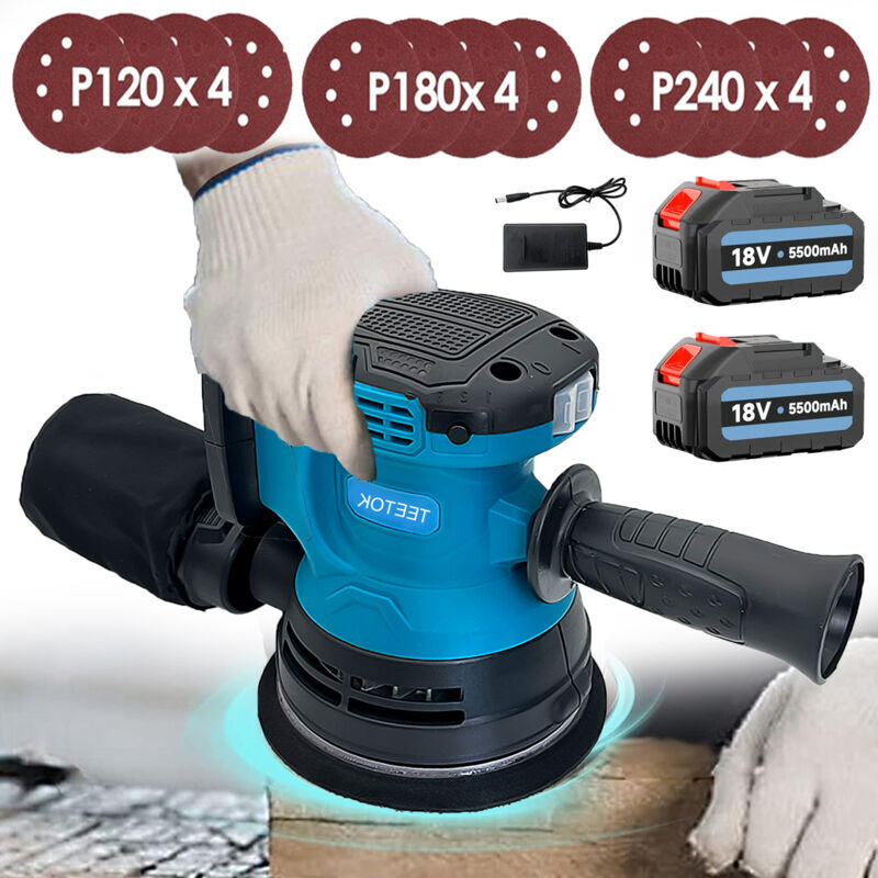 Teetok - Cordless Random Orbital Sander, 125mm,3 Speeds Quick Fix Pad Dust Box & 12Pcs Discs +2X 3.0Ah batteries +charger, for wood, polishing,