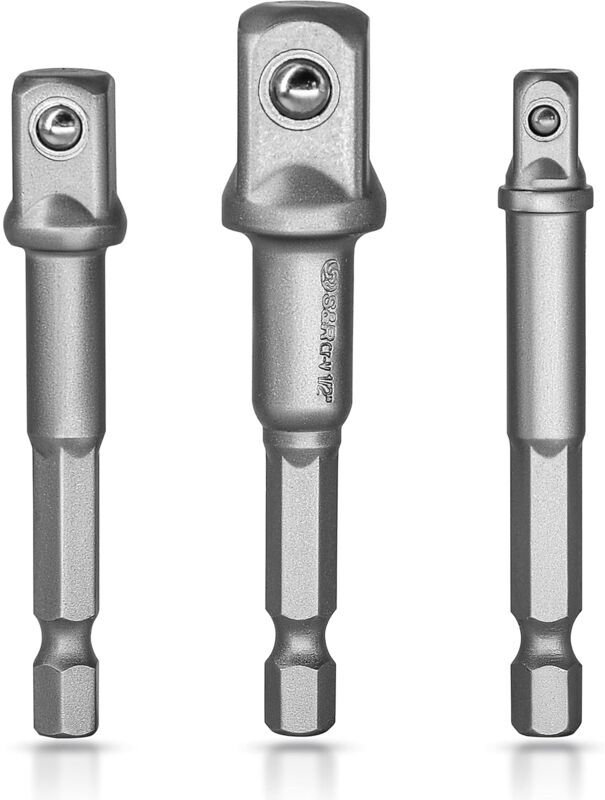 Memkey - s&r socket adapter for drill/impact wrench. Set of 3 square chuck adapters 1/4', 1/2', 3/8' made of chrome vanadium (light gray)