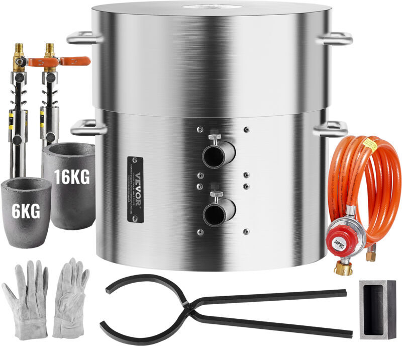 Vevor - Propane Melting Furnace Kit, 16KG/35lbs Gas Metal Melting Furnace Kit, Dual Burner Foundry Home Kiln with Crucibles and Tongs, Smelting