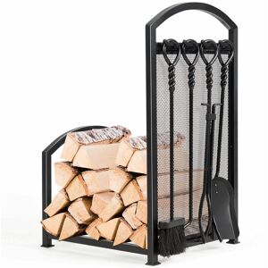 Costway - Fireplace Log Rack with Tong, Brush, Shovel and Poker, Iron Fireside Companion Set Firewood Storage Log Holder for Indoor Outdoor
