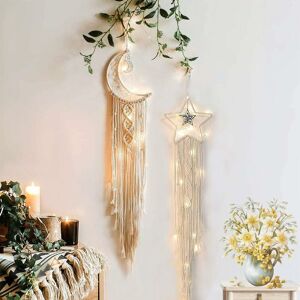 Denuotop - Macrame Dream Catcher with led String Light Macrame Wall Decor Bohemia Handmade Moon Star Dream Catcher Kid Girl diy Gift for Bedroom