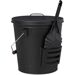Relaxdays Ash Bucket with Lid and Shovel, Steel, Charcoal Bin with Handle, 19 L, Fireplace & BBQ Set, Black