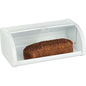 Relaxdays Bread Bin, Transparent Rolling Lid, Keeps Bread Fresh, XL Family Size, Metal, Easy to Clean, White