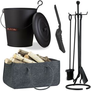 8-piece Full Fireplace Set, Ash Bucket, Coal Shovel, Firewood Bag, Chimney Set, Steel, Felt, Black/Anthracite - Relaxdays