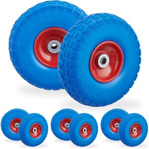 Set of 8 Relaxdays Wheelbarrow Tyres, Puncture-Proof Solid Rubber, 4.1/3.5-4, 16 mm Axle, Spare Wheel, Blue/Red