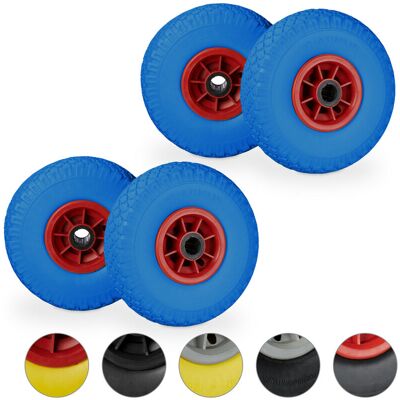 Set of 4 Relaxdays Hand Truck Spare Tyres, Flatproof, 3.00-4 Solid Rubber, 25mm Axle, 80kg, 260 x 85 mm, Blue/Red Set of 4 Relaxdays Hand Truck Spare Tyres, Flatproof, 3.00-4 Solid Rubber, 25mm Axle, 80kg, 260 x 85 mm, Blue/Red