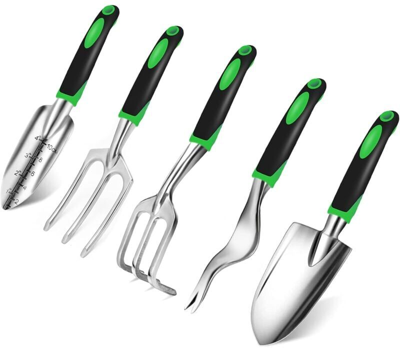AOUGO Garden Tools Set, Outdoor Gardening Hand Tool Kit with Trowel Shovel Rake Cultivator Weeder Fork, 5 Pcs Gardening Craft Tools for Indoor Outdoor Lawn
