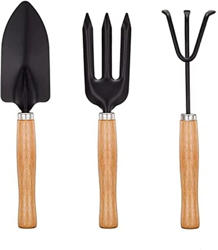 AOUGO Mini Garden Tools Set of 3, Succulent Plants Tools Wood Handle Rake, Fork and Shovel, Garden Hand Transplanting Gardening Tools Set for Seedlings,