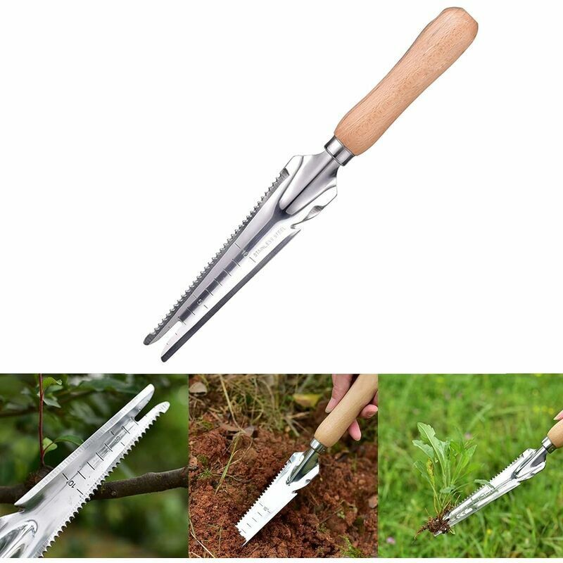 HOOPZI Wooden Handle Manual Weeding Tool Stainless Steel Weeder with Measurement, Mowing Tool, Weed Puller, Weeding Shovel, for Garden Digging