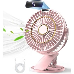 AOUGO Rechargeable Table Fan, Mini usb Fan with lcd Display, 5 Speeds, 720° Rotation, Portable Fan, Quiet Fan for Office/Home/Camping with 1.2m Cable - Pink