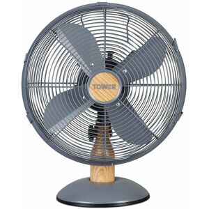 T610000 Scandi Metal Desk Fan with 3 Speeds, Automatic Oscillation, 12, 35W, Grey and Wood Effect - Tower