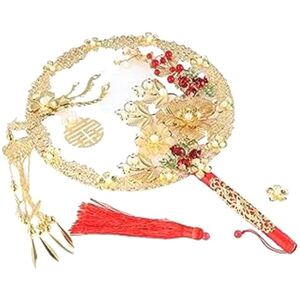 Tlily - Chinese Vintage Round Fans, Phoenix Shaped Alloy Fan, Gold Flower Hand Holding Fan with Tassel, Wedding Bride Group