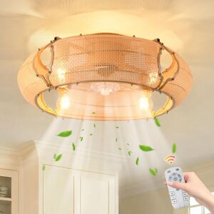 Ganeed - 20.86' Boho Caged Ceiling Fan with Lights and Remote, Flush Mount Low Profile Rattan Ceiling Fans with Lights, Enclosed 6 Speeds Farmhouse