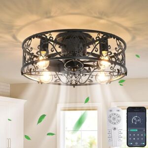 Ganeed - Caged Ceiling Fans with Lights, Black Flush Mount Ceiling Fan with Remote, Small Low Profile Bladeless Ceiling Fan Light Fixture for