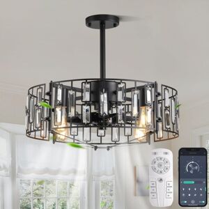 Ganeed - Fandelier Ceiling Fan with Lights Crystal Pendant Lamp 50 cm Modern Decor 6 Wind Speeds with Remote Control Black 4 Lights