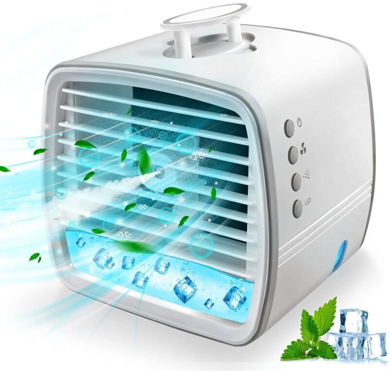 TINOR Portable Air Cooler 4-In-1 Mobile Air Conditioner, Air Cooling Fan and Humidifier, 7 Colors led Night Lights with 3 Fan Speeds Personal Evaporative