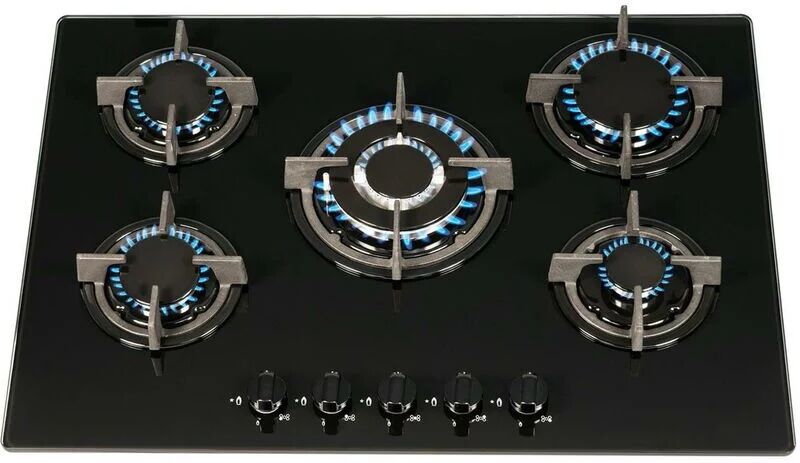 S.i.a - sia GHG703BL 70cm Black 5 Burner Gas On Glass Hob With Cast Iron Pan Stands