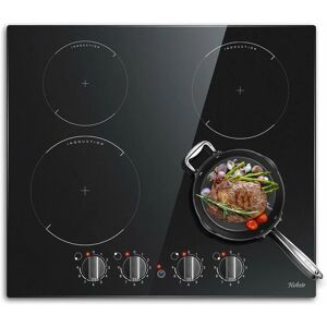 Hobsir - Induction Hob Black Glass Electric Cooktop Built-in 4 Zone Electric Hob with Knob 60cm, 7200W, Hard Wire, No Plug Included