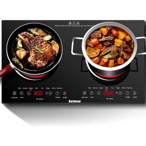 Karinear - Double Ceramic Hob, Plug in 2 Zone Electric Ceramic Hob with led Display, 4-Hour Timer, 9 Power up to 1800W, Safety Lock