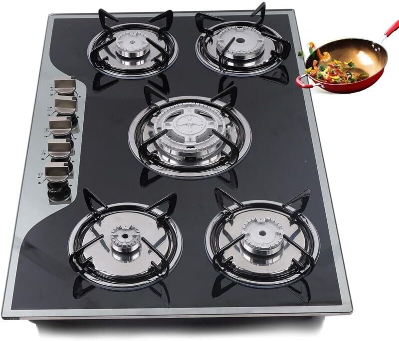 Cncest - Gas Cooker, 5 Burners Built In Gas Hob, Black Tempered Glass Hob Cooktop, Stainless Steel Glass Top Kitchen Stoves Cooker Gas Burners 5 Ring
