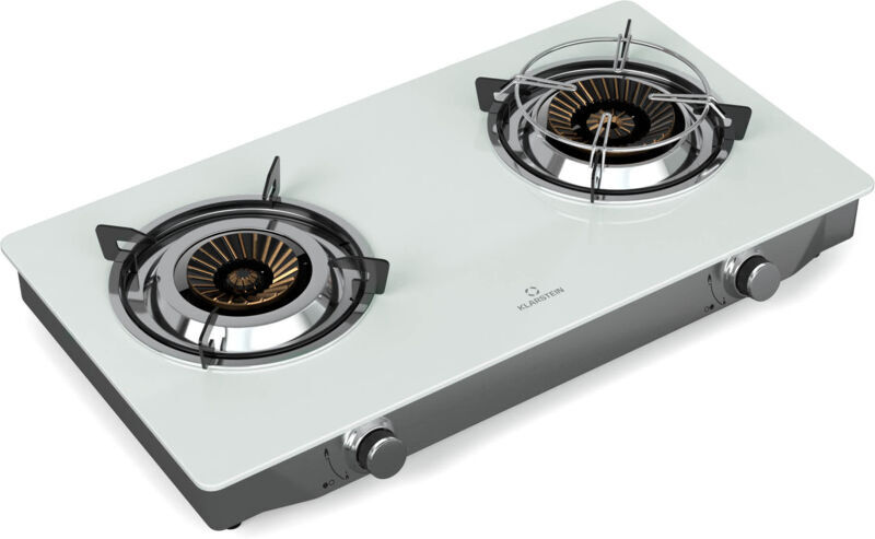 Klarstein - Barzona Gas Hob, 2-Burner Stainless Steel & Glass Cooktop, 7.7kW, Portable Camping Stove with Piezo Ignition & Flame Failure Safety,