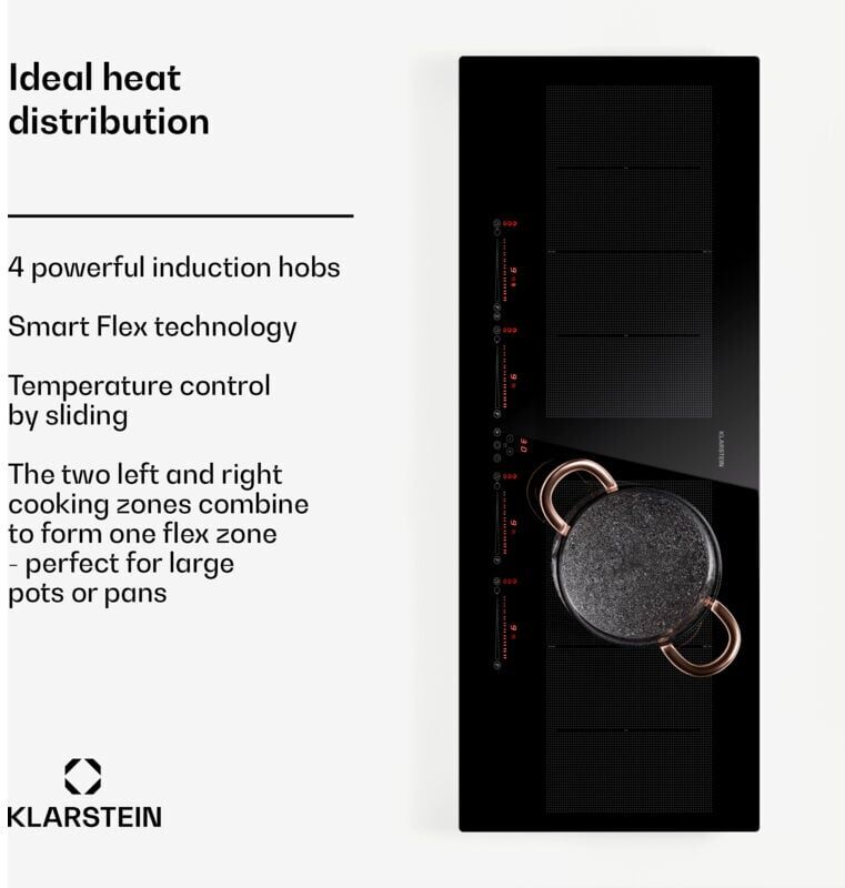 Klarstein Ceramic Hob Cooktops, 4 Zone Electric Cooker Hob, Energy Efficient Induction Cooktop w/ Combinable Zones, 7200W Table Top Electric Hob,