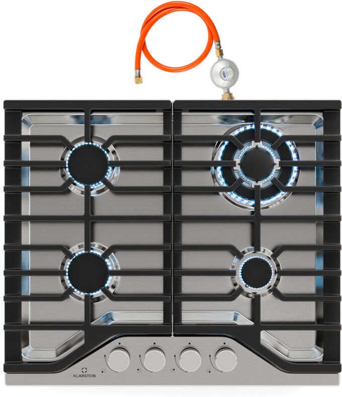 Klarstein - Turbocast Gas Hob - 4-Burner Stainless Steel Cooktop, 3.4kW Wok Burner, Cast Iron Pan Holders, Electric Ignition, Safety Shut-Off, lpg