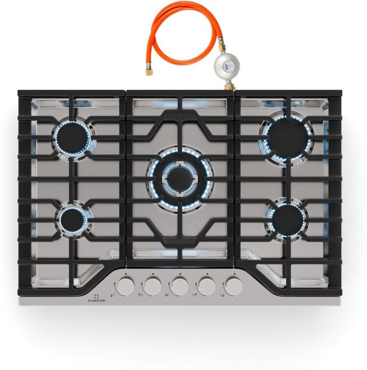 Klarstein - Turbocast Gas Hob, 5-Burner Stainless Steel Cooktop, 3.4kW Wok Burner, Cast Iron Pan Holders, Electric Ignition & Safety Shut-Off, lpg
