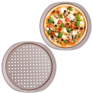 Pizza Tray, Set of 2, ø 29.5 cm (11.6 In), Perforated Tray with Handles, Pizza & Tarte Flambée, Steel, Brown - Relaxdays