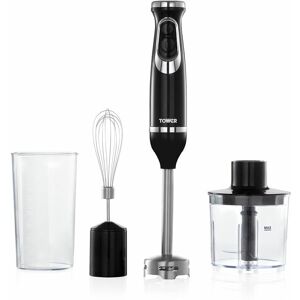 T12077 4-in-1 Multi-Use Hand Blender with Stainless Steel Blades, Chopper, Whisk, Bowl, Beaker, 600W, Black - Tower